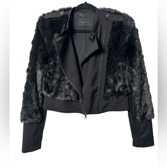 BCBG MAX AZRIA Breton Faux Fur/Leather Jacket Asymmetrical Zip, Moto Style - Picture 8 of 13